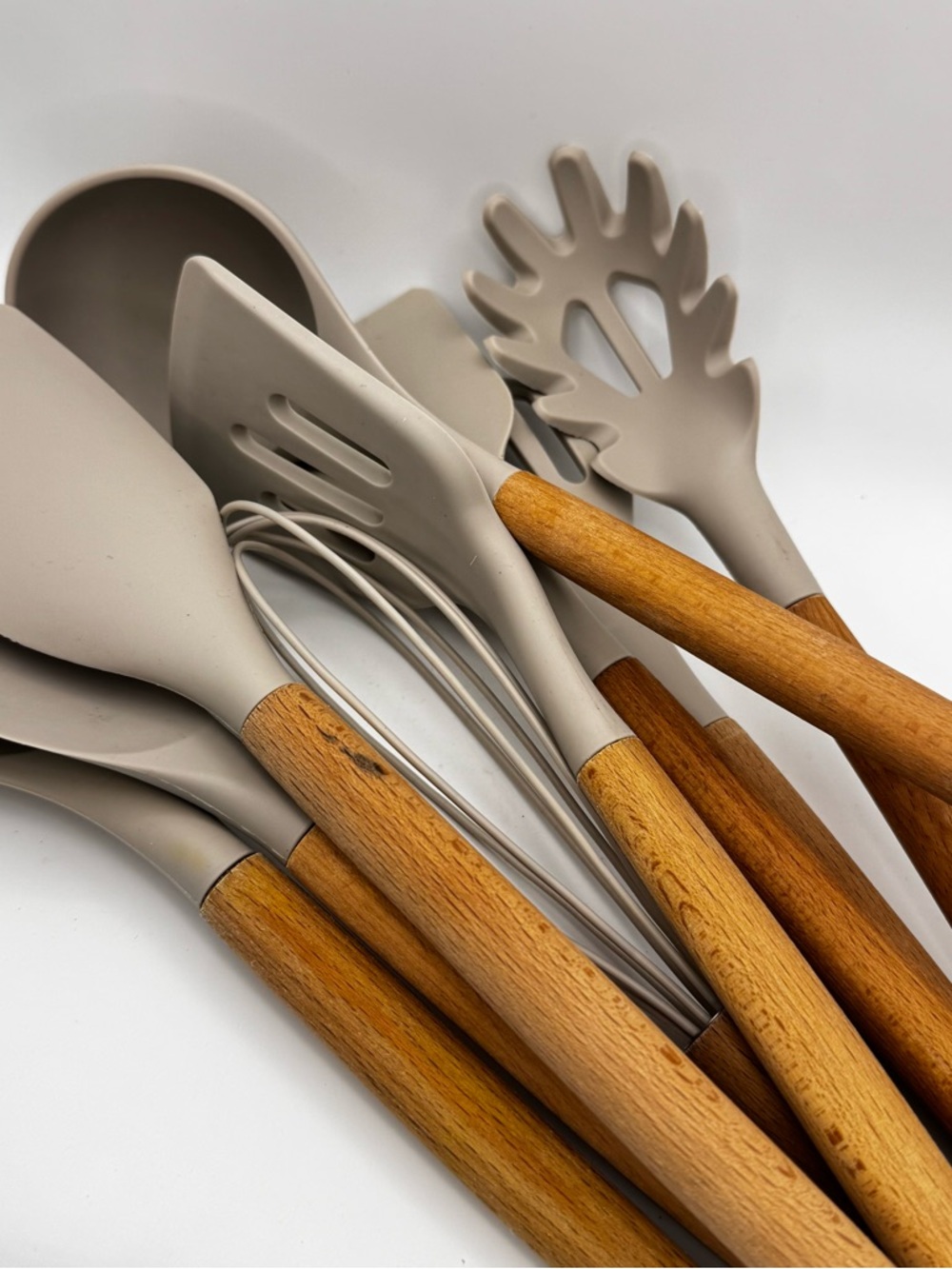 Neutral Silicone Kitchen Utensil Set with Wooden Handles - Beige - Picture 2 of 6